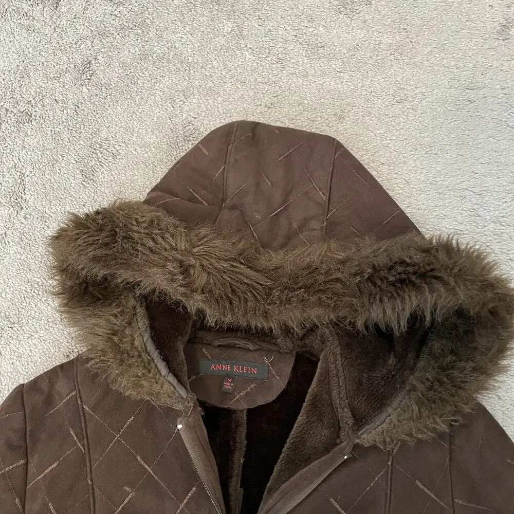 Y2K Faux Suede Fur Trim Hooded Coat Zip Up Women’s Medium 2000s VTG Brown Jacket - Picture 9 of 16